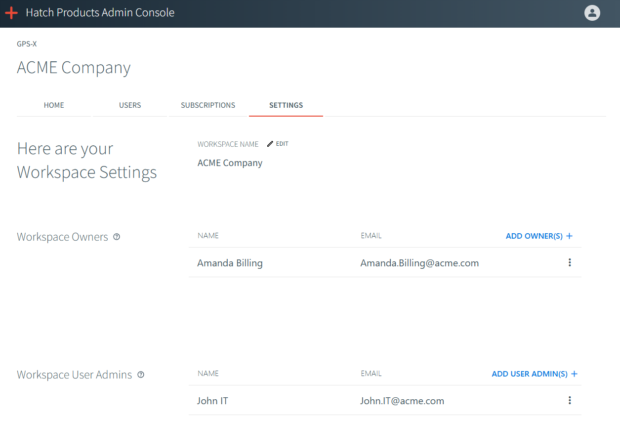 HPAC Settings page showing Workspace Owners and User Administrators